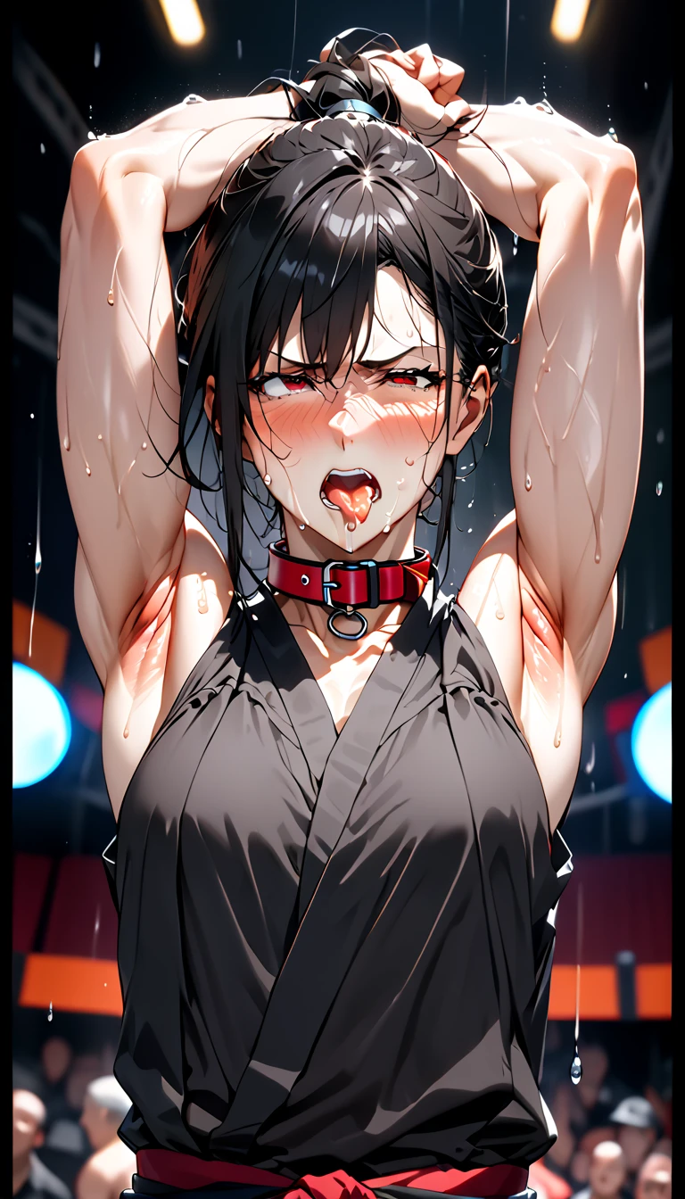 A young, cute, bloody, bruised, sweaty Japanese female street fighter and a male fighter in a back alley fighting each other. She is slamming her body into the ground and getting her face repeatedly smashed by him. She has short-cut black hair. She is crying. Both eyes closed. Short of breath. Drooling from the mouth. Naked. Denim shorts. Open finger gloves. Erect nipples.