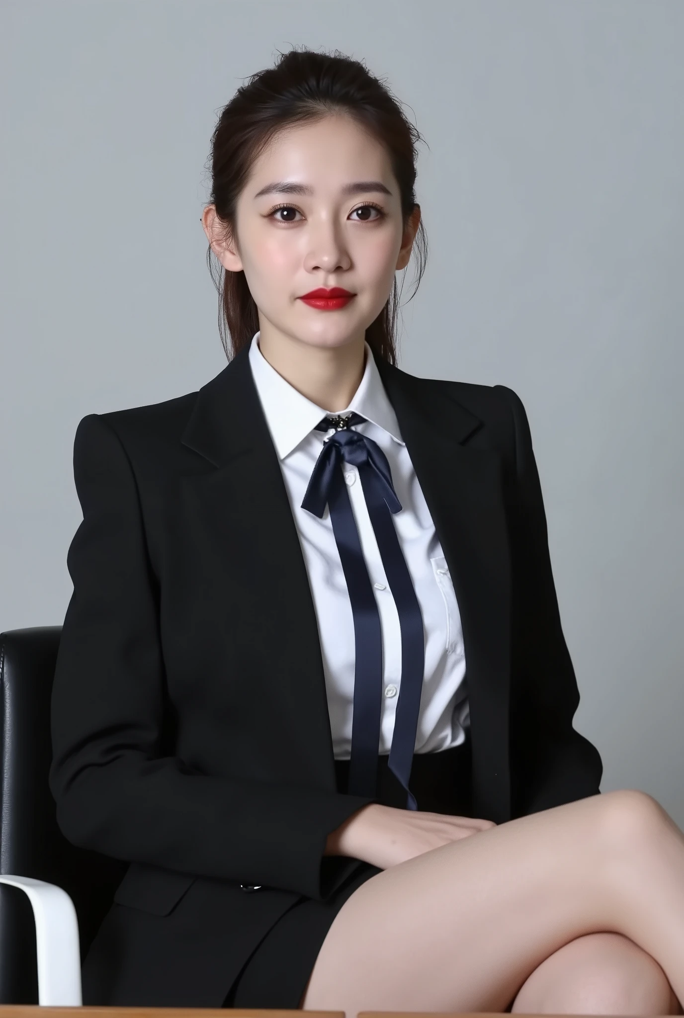 A digital CGI rendering of a young Asian woman in a professional office setting. She has fair skin and a slender, petite frame. Her dark brown hair is styled simply, falling just above her shoulders. Her large, expressive eyes are enhanced with subtle makeup, while her lips are painted a deep red, adding a glamorous touch.She wears a formal business outfit, featuring a fitted black blazer over a white button-up shirt, complemented by a navy blue tie. She is seated on a black office chair with white accents, centered in the image, though her legs are not visible, suggesting she may be wearing a short skirt or dress.The background showcases a minimalist office environment, with a light gray wall and a modern wooden desk in the foreground, which holds a white computer monitor. Soft, even lighting creates gentle shadows that accentuate her figure and the textures of her clothing.﻿

