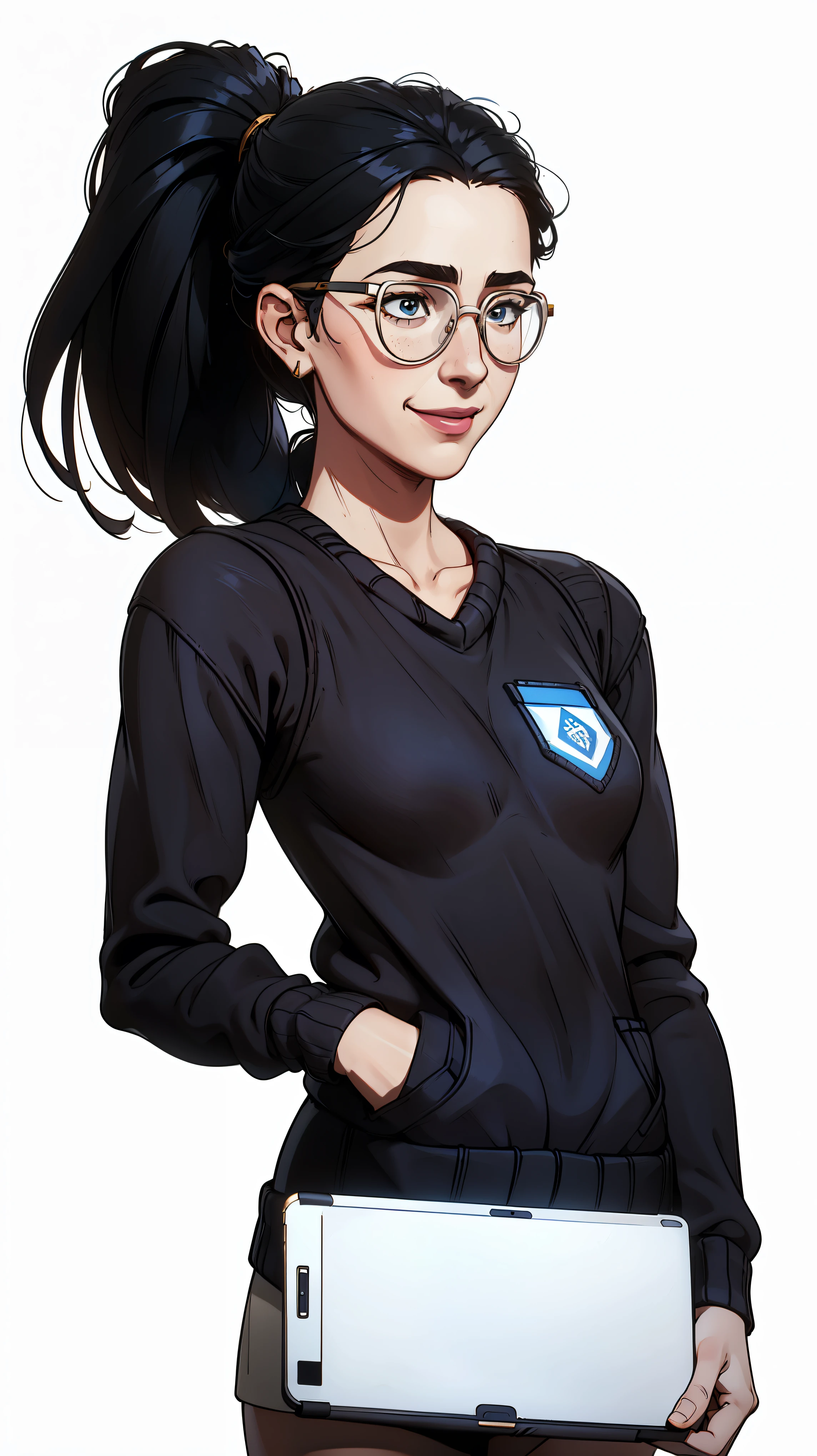 Margaret Qualley, short stature, medium breasts, 4k, highly details, marqual, black ponytail, wearing glasses, ((( portrait))), solid white background, ((wearing a simple sweater with company logo, tablet in hand, excentric, pen in chest pocket)), (solid white background), smile