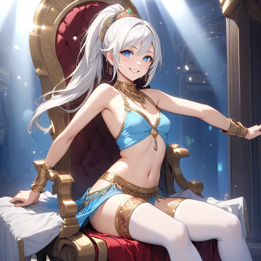 girl, 20 years old, white short hair, Sitting on a throne, Inspired by Diana from League of Legends