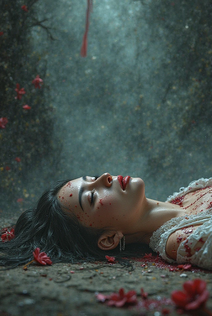 English woman 20 years old,skin fair,sparkling green eyes,dark purple hair,white gown,She is in pain and passed out on the floor,,ela esta cheia de sangue o white gown fica vermelho de sangue,forest of light scenario,scenarioposes,make-up,cinema image,品質,full body images,detailed,full body image,high resolution,