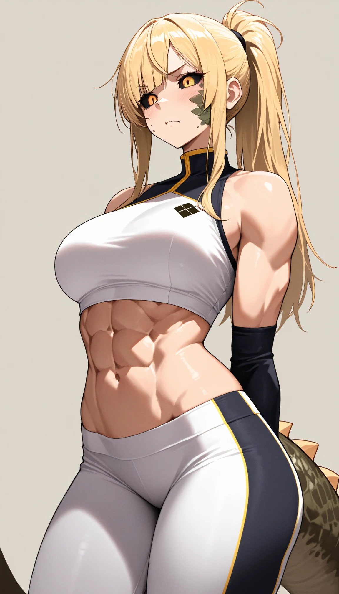 ((best quality)), ((masterpiece)), (detailed), perfect face, anime girl, vibrant blue eyes, big ponytail, long ponytail, incredibly long hair, blonde hair, mature, adult, older, toned abs, detailed background, makeup, glossy lips, large breasts, thick thighs, sporty attire