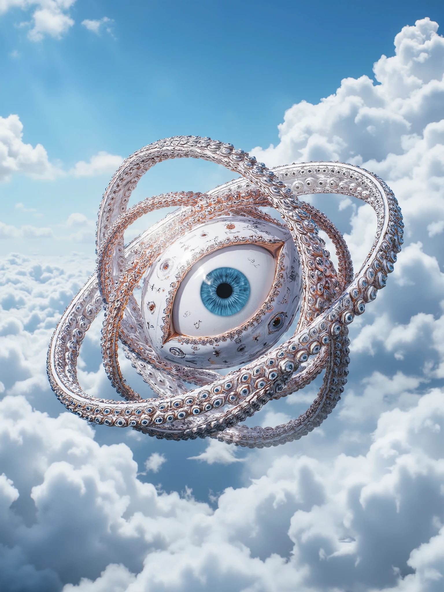 Ophanim has 4 wheels and one large eye in the middle and is floating in the sky, anime style