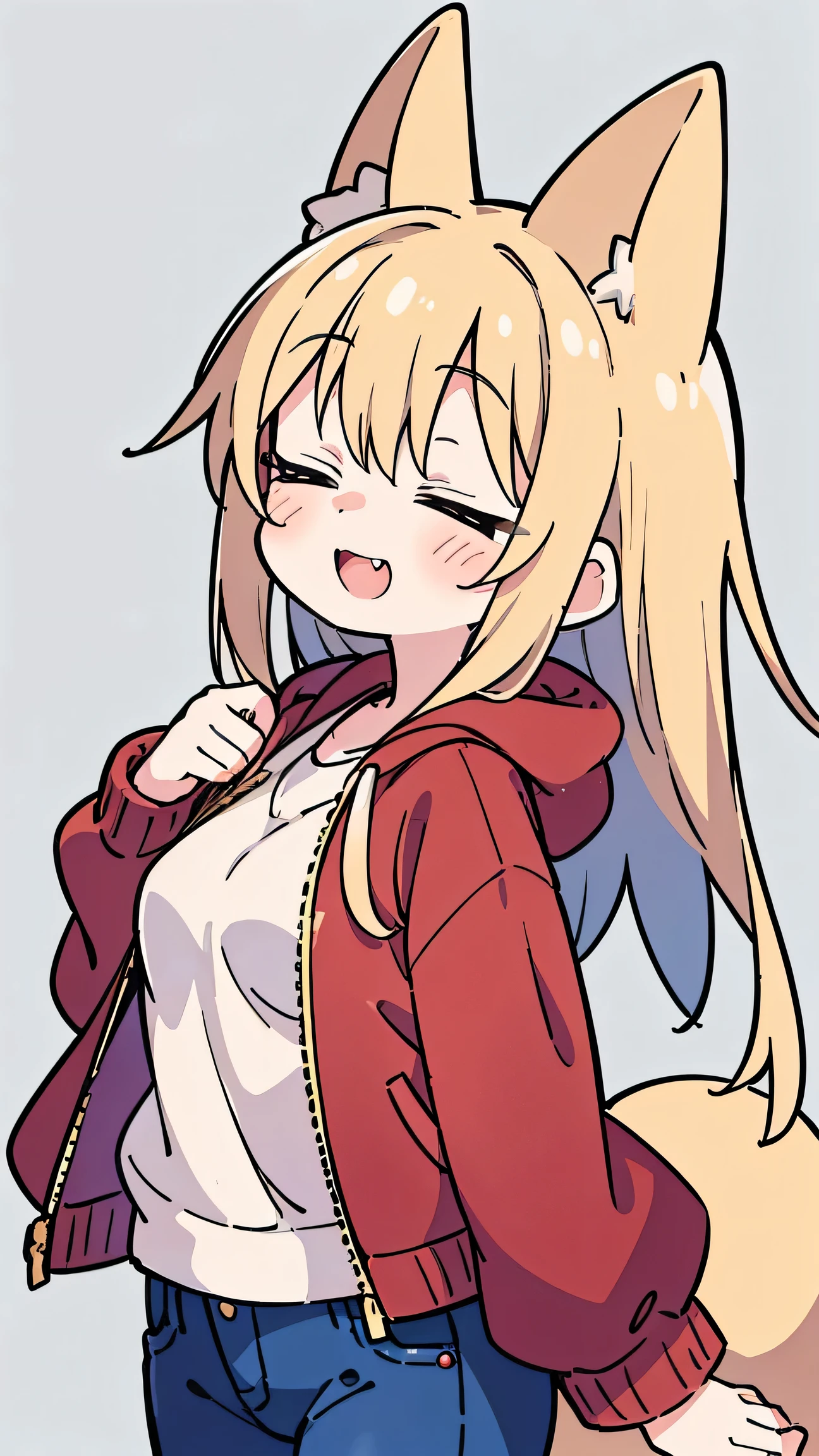 anime style、 cute face、 woman、 fox ears、Gold Hair、long hair、tail、close your eyes、Red Jacket、jeans for 1 person、simple background、 double teeth、、smile、profiles