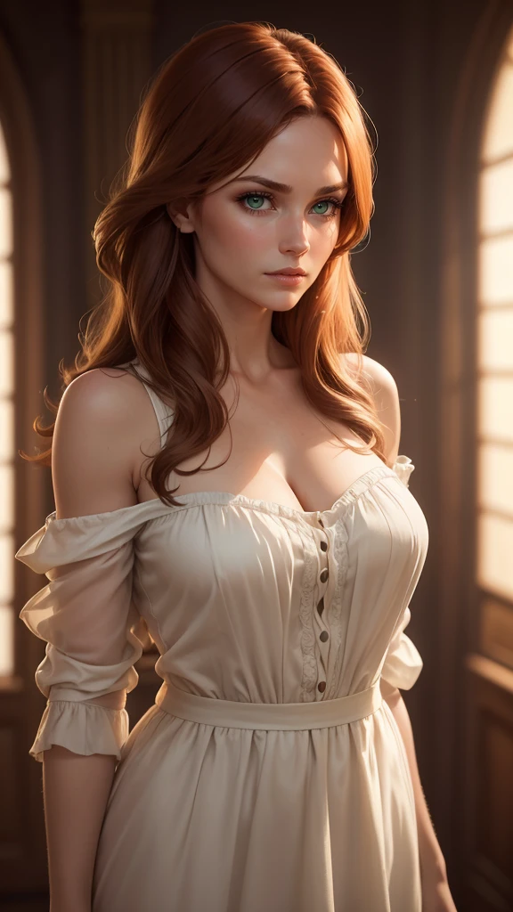 jolie femme, humain, face ronde, red light, light freckles, habillée en dentelle, Fantasy medieval cadre