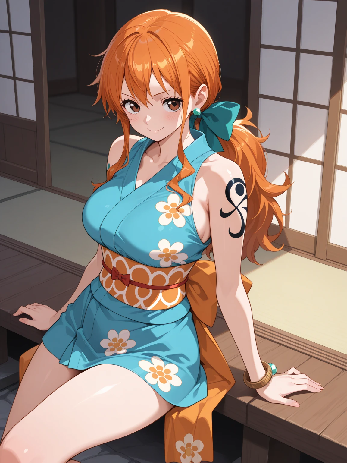 score_9, score_8_up, score_7_up, source_anime, kasumi from dead or alive, blue kimono, sit in chair, crossed legs
