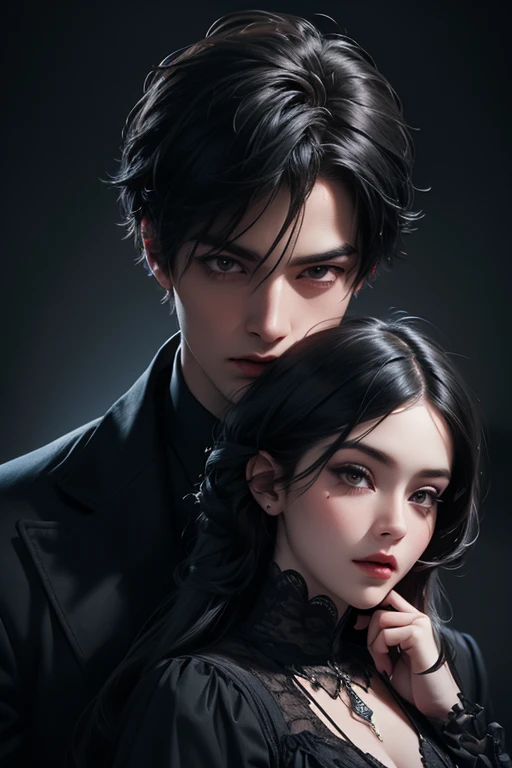 A tall handsome young man with black hair, with long black hair gathered in a tight ponytail, short bangs, blue eyes, he is wearing a white T-shirt and white jeans, he hugs an incredibly beautiful tall blonde femme fatale young blonde woman with a very short haircut standing next to him, she has dark blue eyes, She is wearing a simple black dress. Masterpiece, perfect image, realistic pictures, detailed face study, full-length image, 8k, detailed image. an extremely detailed illustration, a real masterpiece of the highest quality, with careful drawing.