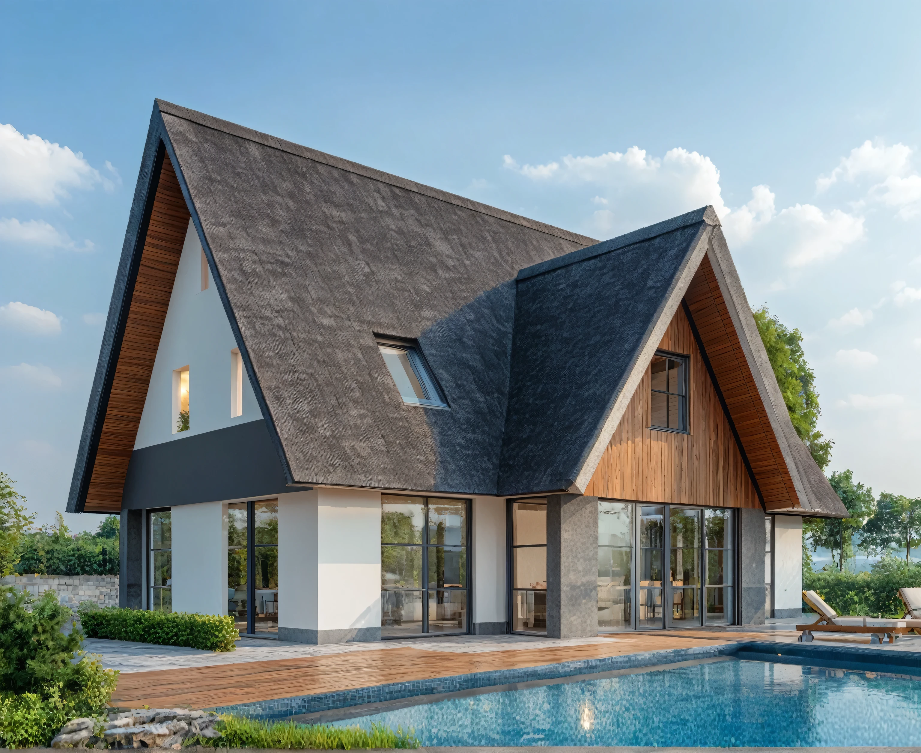 Modern style, house building, interior furniture, exterior house, contemporary style, ( wood bars ) wall, granite floor, roofing thatched, glass window, (realistic:1.2), Masterpiece, high quality, best quality, finish color paint , garden trees, terrace space , background big water lake, (lighting interior:1.2), (day light blue sky : 1,2), UHD 8K resolution, cinematic lighting, Residential Architecture, Villa, Apartments, Ultra-detailed , real architecture photo a espectacular modern house, Reflection .