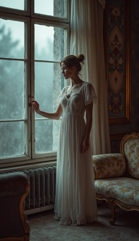 ((top-quality、8K、masterpiece:1.3))、ruined buildings,Abandoned buildings、Broken、dilapidated building、Game Center、Buildings overgrown with plants、creepy atmosphera,Japanese style architecture、puddles、Upper house garden、Sexy Standing Pose,portrait of a full body(1:1),a 18 year old girl,Slender and slender figure,skinny,As thin as a whip post,Smaller bust,Red shoes,Random nudity of the whole body,exhibitionists,face to the viewer