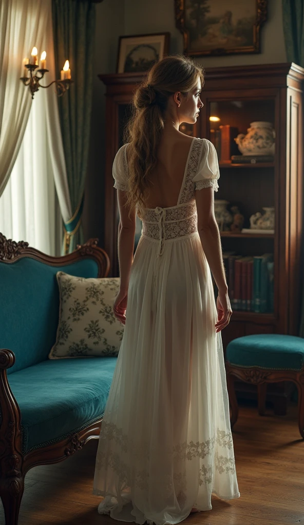1girl,(bright lighting,romantic setting),dreamy background,,dark hair, mesmerizing gaze, , soft skin, alluring beauty, artistic portrait, high-quality image, vibrant colors,translucent long silk gown, mosquito net, lying down, romantic bedroom, sidesuspension