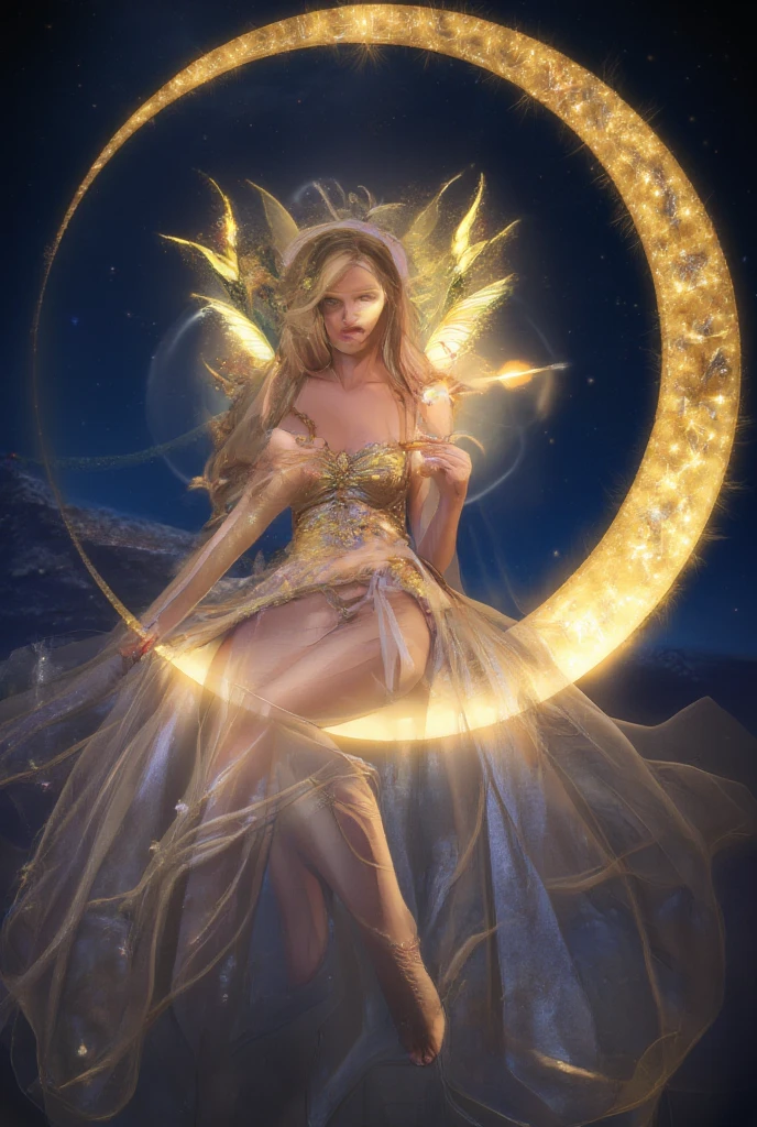 beautiful young blonde girl, fantasy, (((sitting on a cressant moon))), sentual, looking at the night sky 8k,