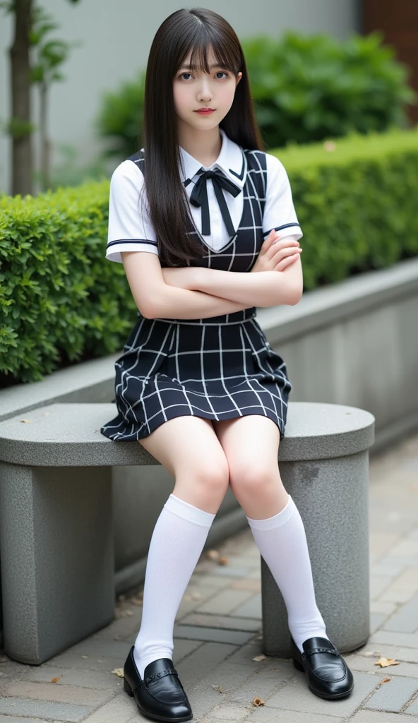 1girl, black hair, Long hair, brown white clothes, school uniform clothes,sitting in school park, high quality, ultra detailed, masterpiece, realistic