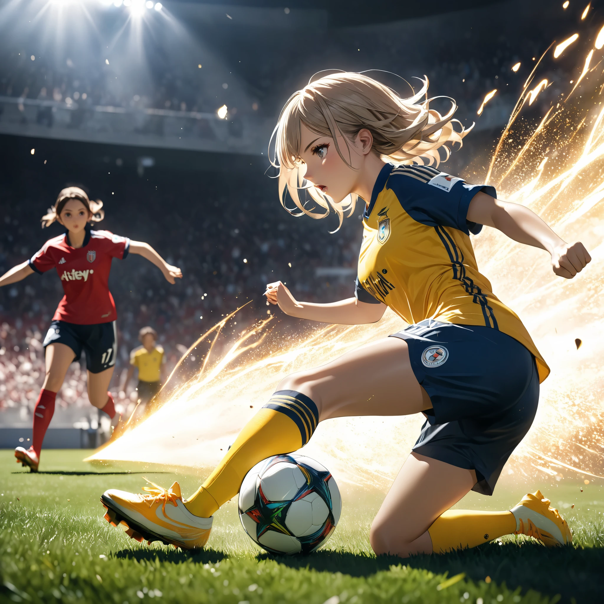 1 professional soccer girl , textured skin , best quality, movie light effect , anime、soccer player who got creampied on the grass、Yellow soccer shoes、Serie A、Fast dribbling 、Elasico、Cinematic Light Effects, Surrealism, anime