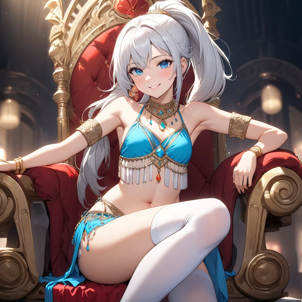 Maki nishikino,love live, highres, shiny white hair , purple eyes,blush , closed mouth, sitting on throne, crossed legs, elbow support, bare shoulders dress, vertical cutout,navel, breasts apart, slightly dark skin,thighs , looking away, bored, facing viewer