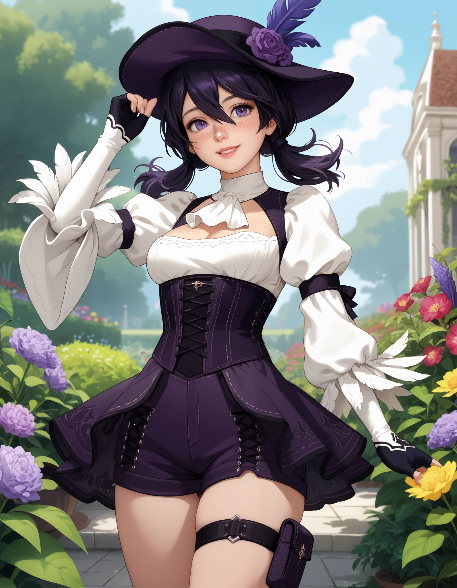 score_9, score_8_up, score_7_up, source_anime, anime_screencap, solo, nier2b, 1girl, purple eyes, big eyes, ish, lips, smile, low twintails, medium hair, hair between eyes, white ascot, wide sleeves, long sleeves, white shirt, tricorne, purple tricorne, purple hat, hat, hat_feather, black hair, frills, freckles, ouji fashion, purple corset, corset, purple shorts, cross-laced shorts, thigh strap, medium breasts, white sleeves, framed breasts, fingerless gloves, coattails, purple orchids, garden, hand on headwear, cowboy shot