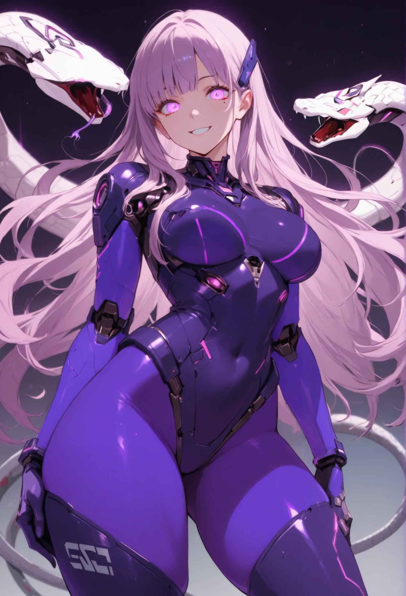A woman wearing tentacles dripping hot water、Guyver Style、Wicked Smile、A woman has tentacle servants around、Scarab reploid、Cel-shaded adult animation、Metroid Suit、Long Hair