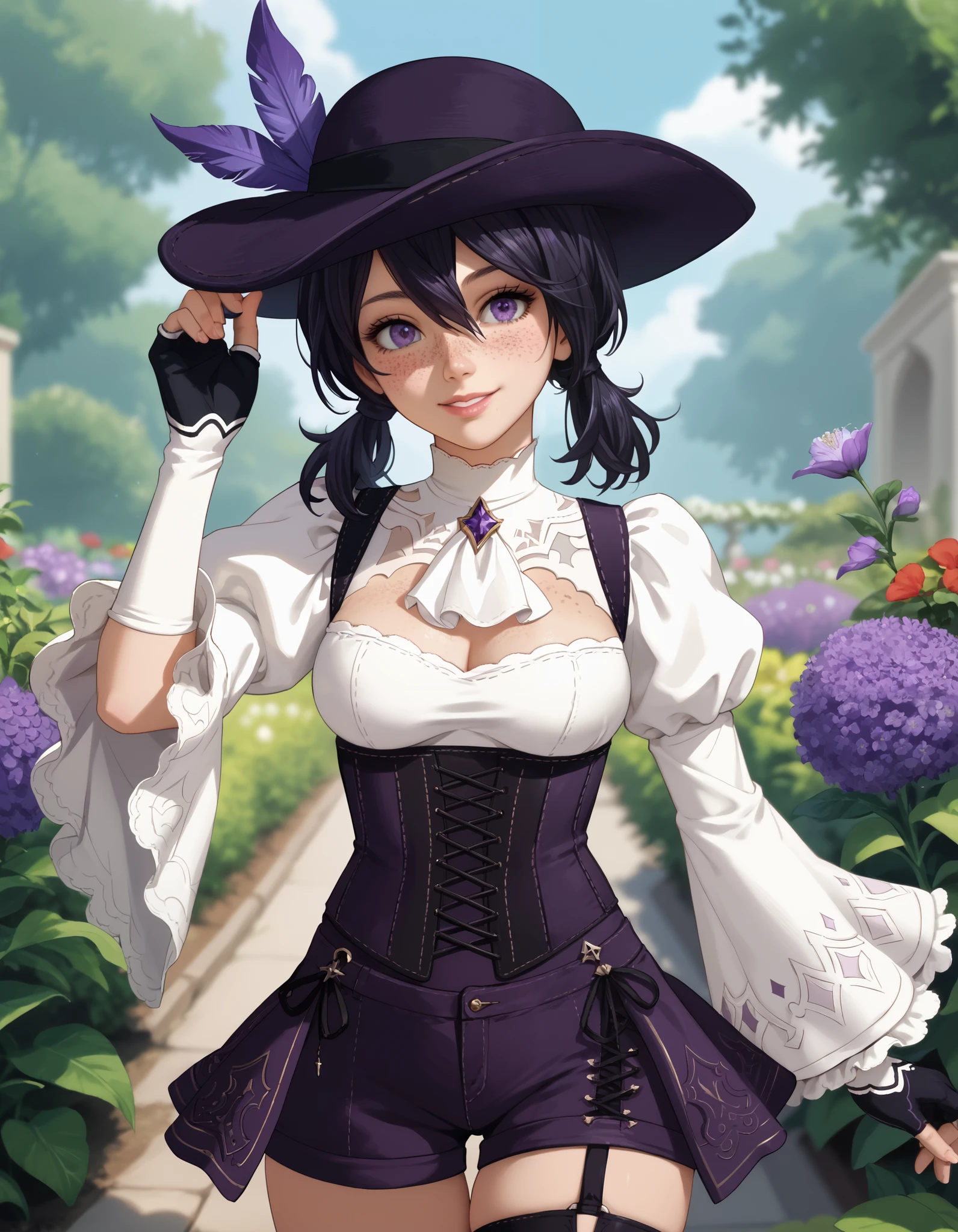 score_9, score_8_up, score_7_up, source_anime, anime_screencap, solo, nier2b, 1girl, purple eyes, big eyes, ish, lips, smile, low twintails, medium hair, hair between eyes, white ascot, wide sleeves, long sleeves, white shirt, tricorne, purple tricorne, purple hat, hat, hat_feather, black hair, frills, freckles, ouji fashion, purple corset, corset, purple shorts, cross-laced shorts, thigh strap, medium breasts, white sleeves, framed breasts, fingerless gloves, coattails, purple orchids, garden, hand on headwear, cowboy shot