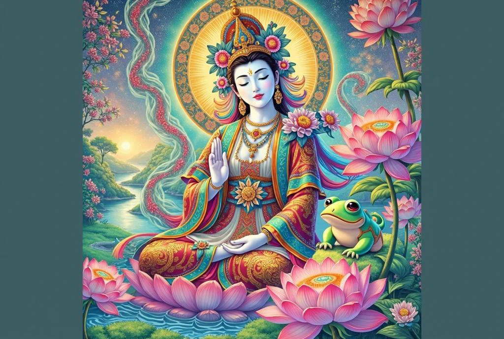 1girl,flower,rainbow,water,cloud,lotus,sky,lotus pedestal,