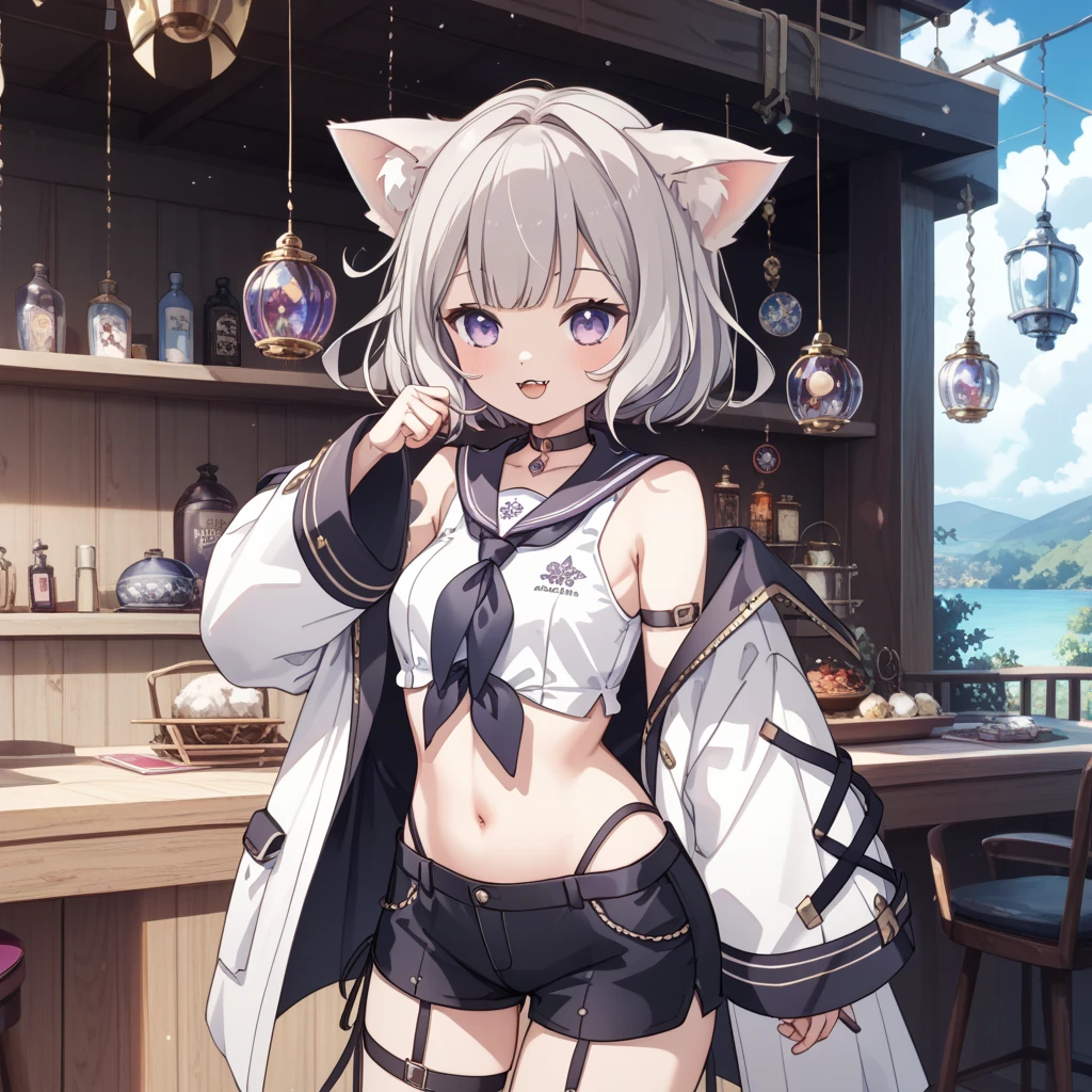 tmasterpiece,high high quality,Absurd resolution,digitial painting\(artwork of a\),by Dagasi, Yupa,Kiyosan,(Fluffy fur,White fur,Full Body Furry,Cat pattern:1.2),anthro male cat,White hair,Collar,Purple-eyed,succubi,Seductive eyes,opening legs,Chicken bar,full room view,(Shirtless:1.3)