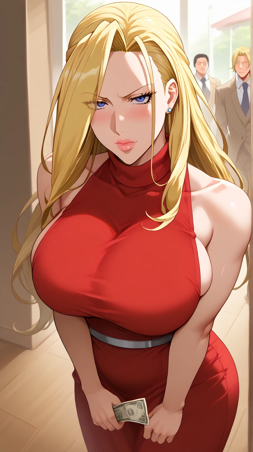 ((high, ideal figure, large breasts and hips)), ((the girl has a perfect face by American standards, blonde, in a red tight dress at the mall)), ((view from above, she stands and looks up at the camera and smiles sexy)), ((perfect graphics, masterpiece, in detail))