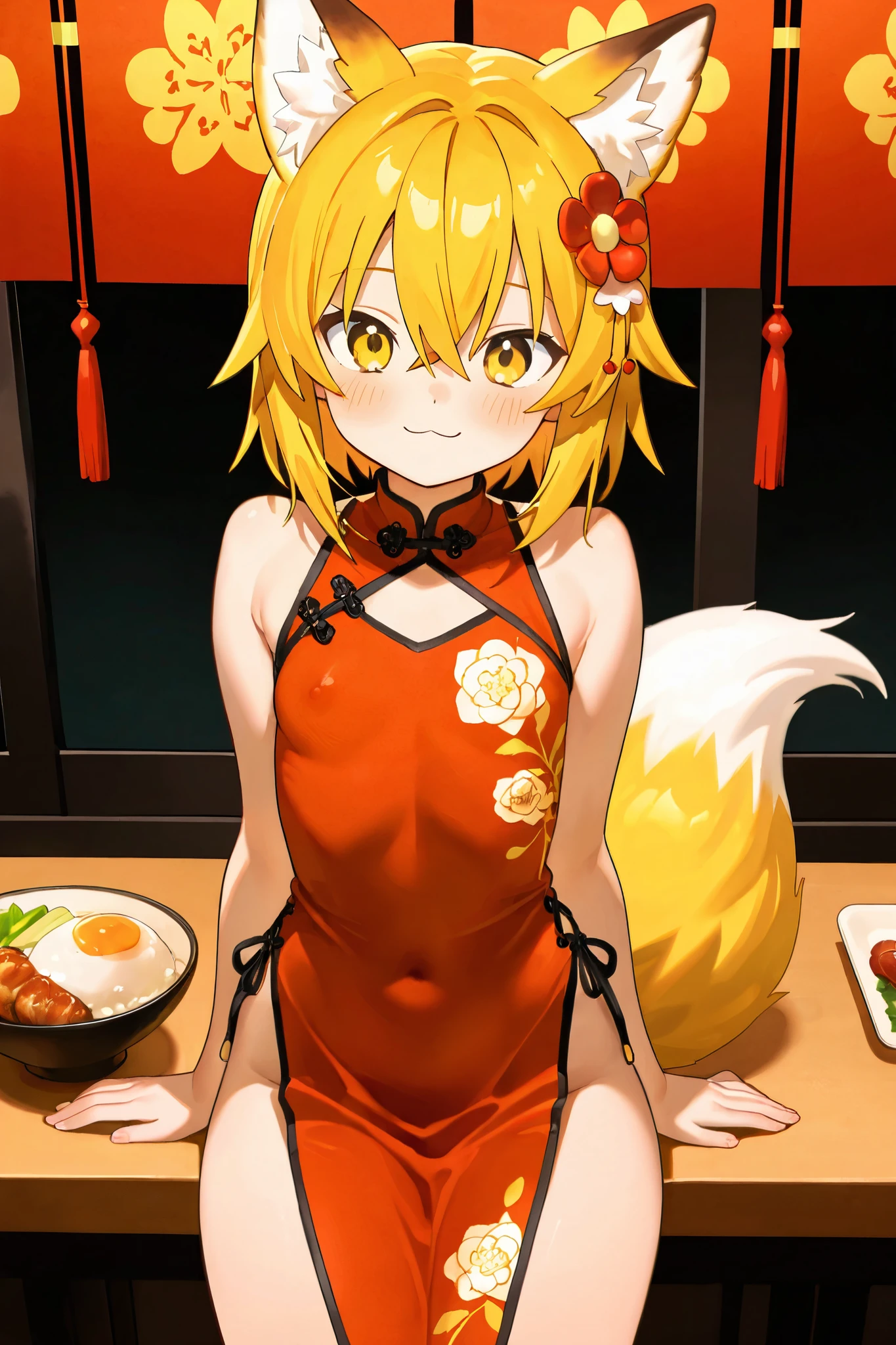 NSFW,masterpiece,best quality,high resolution,very detailed,Fairy Fox\(世話やきキツネのFairy Foxさん\),short hair,bungs、golden hair、hair ornament、 Beast Ears、hair between eyes、yellow eyes、flower、髪のflower、 Beast Earsの綿毛、fox ears、赤いflower、Fox Girl,China Dress, sleeveless,Set meal restaurant,big smiles
