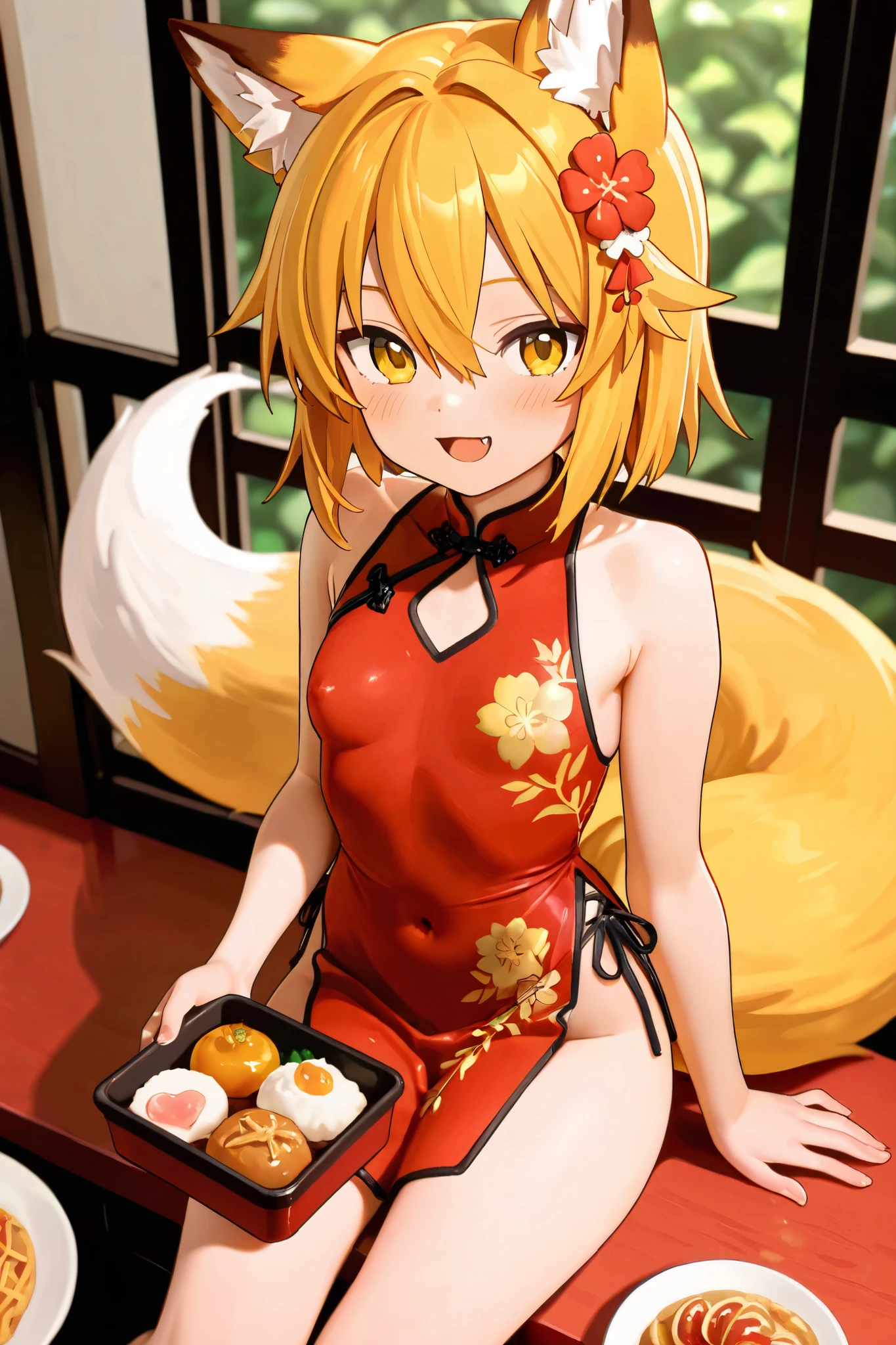 NSFW,masterpiece,best quality,high resolution,very detailed,Fairy Fox\(世話やきキツネのFairy Foxさん\),short hair,bungs、golden hair、hair ornament、 Beast Ears、hair between eyes、yellow eyes、flower、髪のflower、 Beast Earsの綿毛、fox ears、赤いflower、Fox Girl,China Dress, sleeveless,Set meal restaurant,big smiles