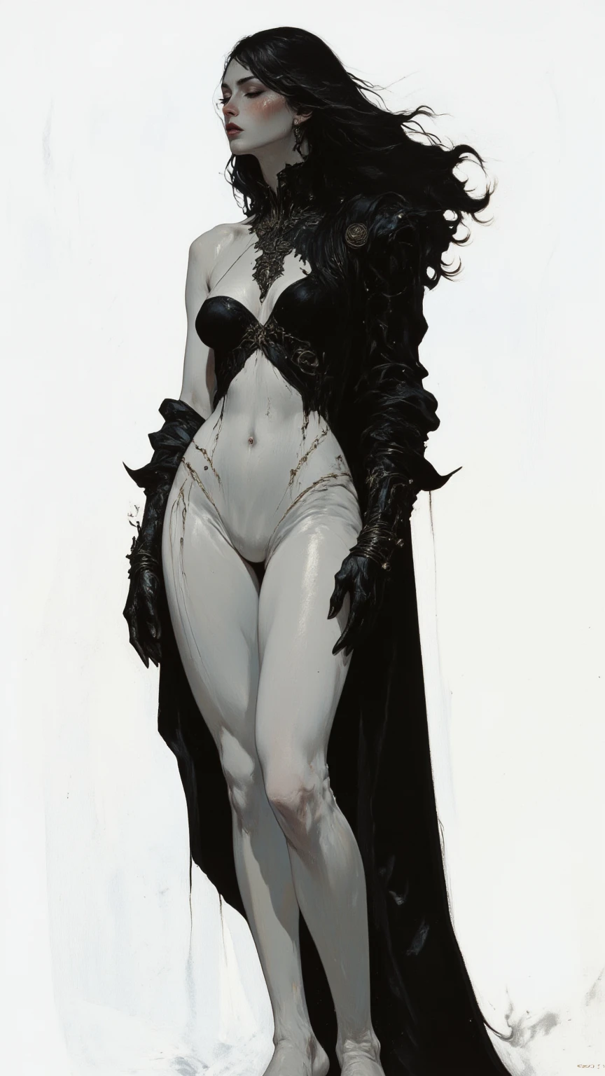 (High resolution, best quality, masterpiece), detailed, ultra detail, 1female, physically fit, curvy, slender body, fierce expression, dark eyes, (detailed eyes), Black hair, short length hair, full body, ((dragon horns)), ((face: dragon scales)), face covered in scales, ((topwear: fur lined coat, bottomwear: tight jeans)), snowy background, part draconic, somber expression, inhuman, reptilian skin