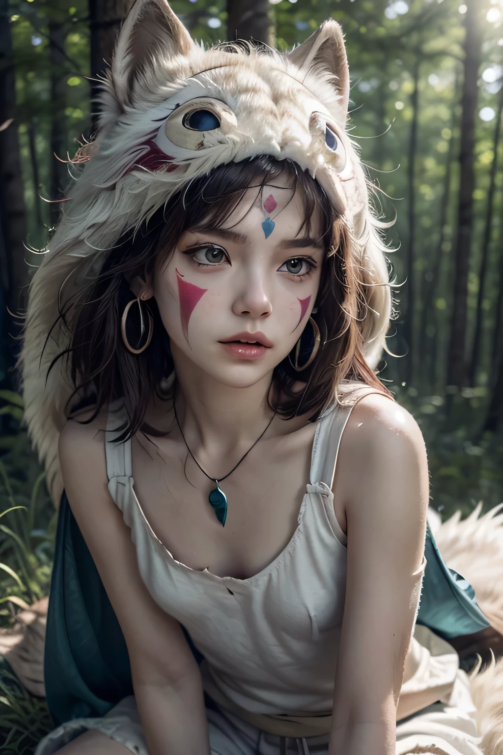 3D style ,。.。. 3DMM ,.。. 3D , (masterpiece , Best Quality:1 . 1) , Ghibli style , San (princess mononoke) , 1girl in , beautiful young girl, (XIII-years-old), armlet , , short Black hair , with Parted bangs ,, out、teats、small breasts , flat chest, Cape , circlet , earrings , facepaint , Floating hair , forest , Far Cape , Green eyes , Jewelry , Looking at Viewer , Colossal , Nature , Necklace , Outdoors , , torn white Sleeveless cropped shirt (with a look at the bare chest underneath), with a white wolfskin over her shoulders, and wolf mask on her head (studio ghibli, princess mononoke style), Solo , Tooth necklace , tree ,、NSFW , full body, riding through the forest, on the back of a large white wolf, she is warlike with her spear raised,