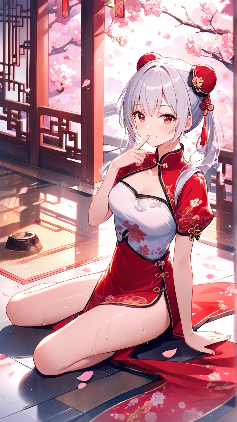 (extremely detailed CG unity 8k wallpaper),(masterpiece), (best quality), (ultra-detailed), (best illustration),(best shadow), (sharp eyeliner, eyeshadow, detailed eyes:1.1), open field, flower field, closed eyes, smile, sitting, waving, crossed legs, <lora:å¹´v2(两å¥è¡£æorigen,china dress):0.8> , china dress,