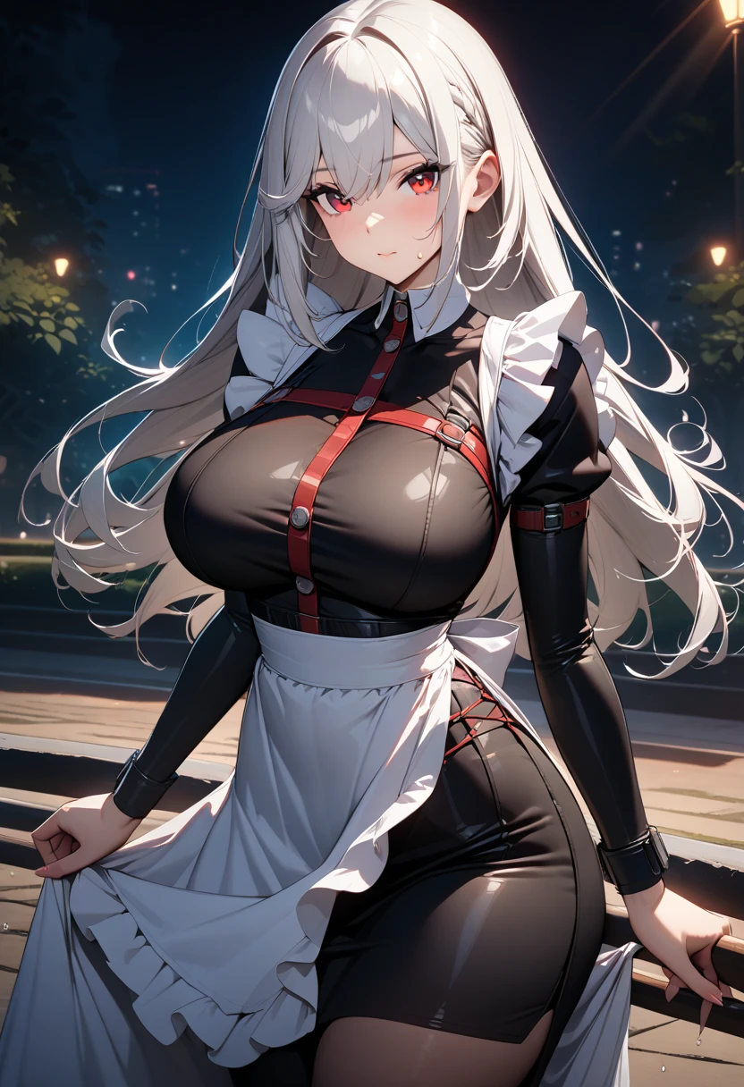 A woman wearing a red dress, white hair, red eyes, big breasts, on a roof of a modern house, with a view of a large forest at night, with local lighting, a moon, mountains in the background,HDR , ultra resolution, very detailed, masterpiece, HD 8K, (solo, just one girl)
