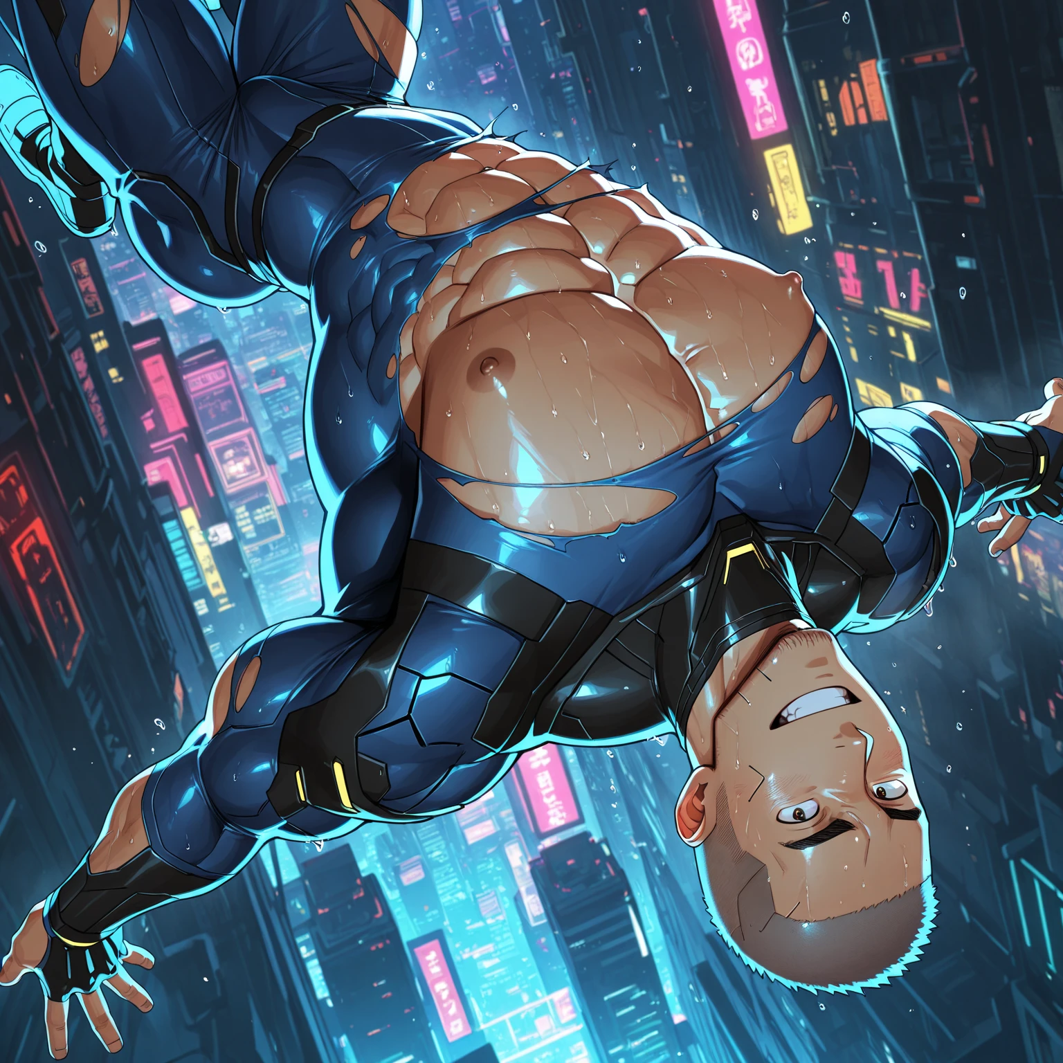 male, (human body, muscular, full nude, only Glowing cyberpunk future helmet, only skinny Transparent fundoshi, covered semen,) realistic, human skinned, On all fours, Side angle,