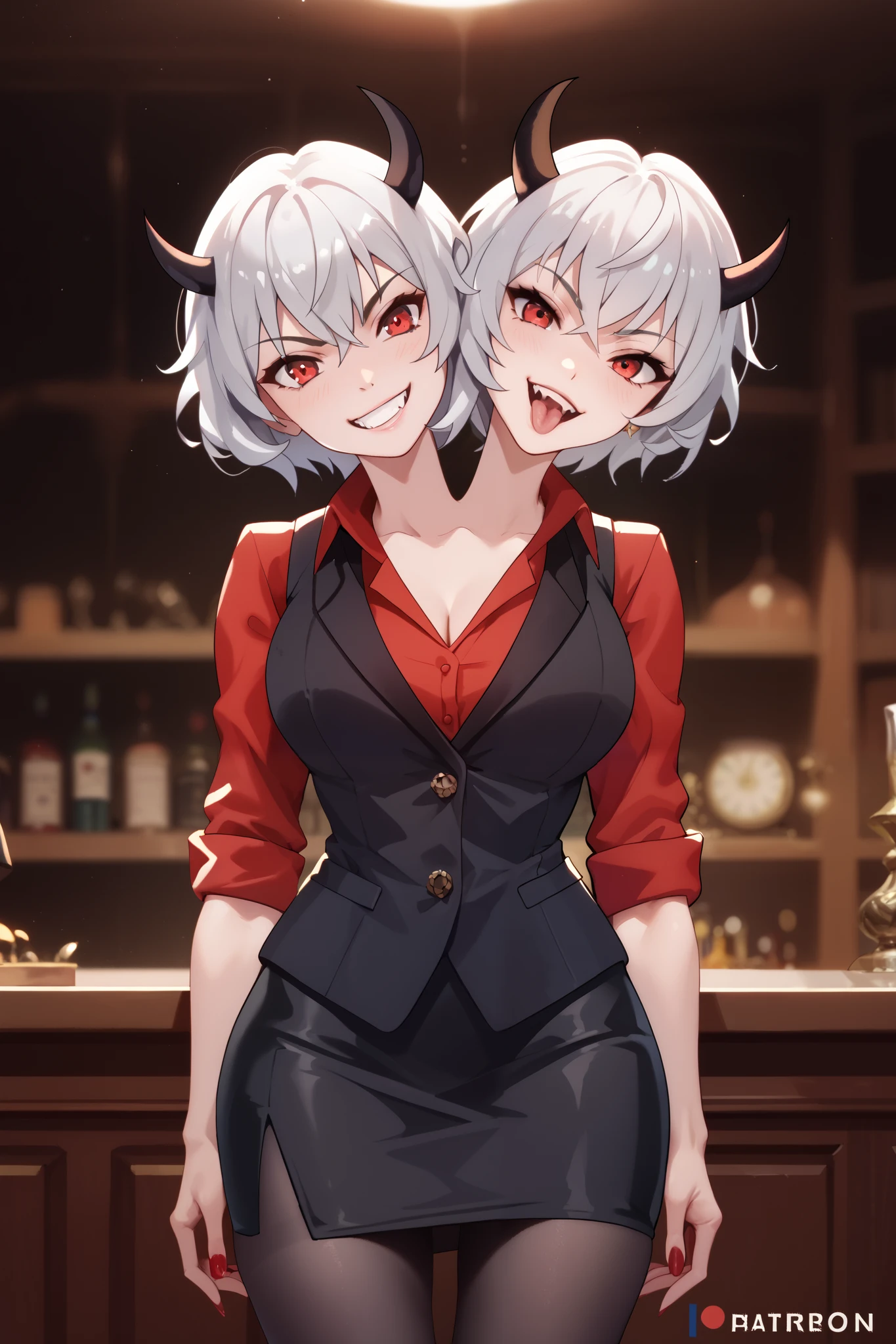 2heads, 2girls, twoheads, a tall thin giris with 2 heads, conjoined, htmalina, demon horns, red shirt, sleeves rolled up, black vest, waistcoat, black skirt, black pantyhose