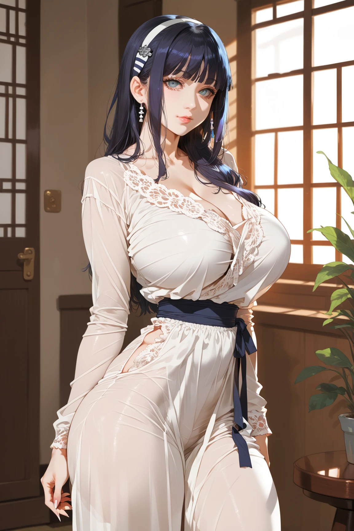 ((masterpiece, high resolution, better quality, better details)), a girl sitting on the bed, sexy lingerie, ((white lingerie)), thong, big neckline, garter belts, white stockings, platform high heels, white choker, purple hair, straight hair, long hair, lucky hair, straight bangs, purple eyes, ((big breast, wide hips, curvy body)), seductive, full body, front view, modern room landscape,