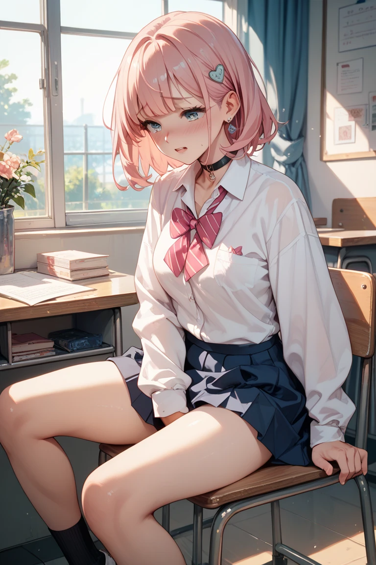 Masterpiece to the smallest detail、top-quality、1girl in、Solo looks 、150cm petite beautiful girl、small tits、12-year-old baby face、red hairs、Gradient bob in the forward、Pink and violet mesh、red eyes、Red eyes、Tall, big eyes、Outstanding looks、A lovely child、proximity、closed_mouth、a smile、red blush、full of shyness、blue headwear、Hats、pink bowtie、校服、 Blue jacket、jaket、skirt by the、Gray skirt shirt、white shirt、an legs、Black socks、sitting on、Classroom、hair_ornament、looking_at_viewer、beatiful detailed eyes、Akame、panties on、lift up one's skirt、Professional effects、