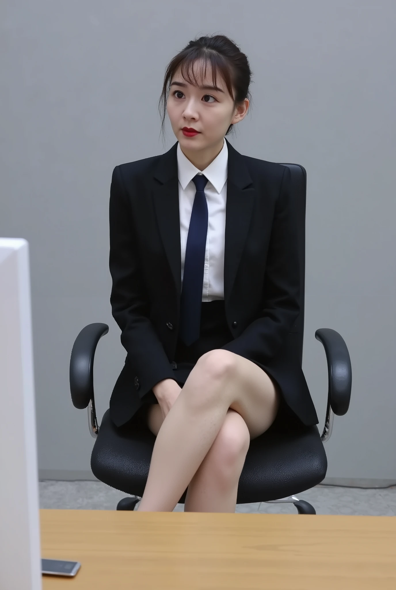 A digital CGI rendering of a young Asian woman in a professional office setting. She has fair skin and a slender, petite frame. Her dark brown hair is styled simply, falling just above her shoulders. Her large, expressive eyes are enhanced with subtle makeup, while her lips are painted a deep red, adding a glamorous touch.She wears a formal business outfit, featuring a fitted black blazer over a white button-up shirt, complemented by a navy blue tie. She is seated on a black office chair with white accents, centered in the image, though her legs are not visible, suggesting she may be wearing a short skirt or dress.The background showcases a minimalist office environment, with a light gray wall and a modern wooden desk in the foreground, which holds a white computer monitor. Soft, even lighting creates gentle shadows that accentuate her figure and the textures of her clothing.