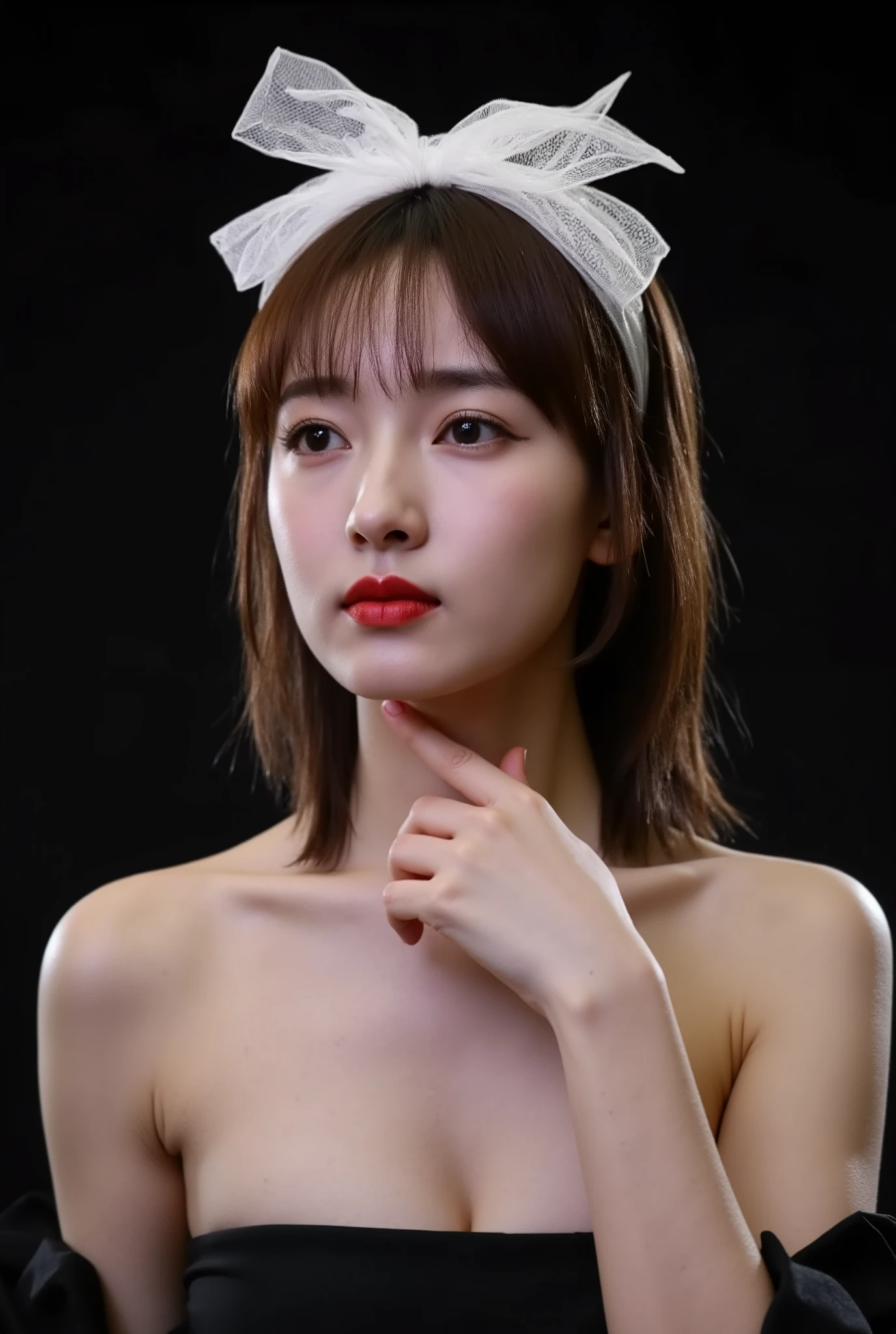 Young woman, fair complexion, straight medium-length brown hair with bangs, delicate petite frame, slight hourglass figure.Outfit: black strapless top, revealing shoulders and part of chest, modest breast size. Makeup: minimal yet elegant, focusing on natural features; well-defined eyebrows, full deep red lips, subtle eye makeup highlighting almond-shaped eyes.Head adorned with delicate white sheer veil, bow detail, adding femininity and whimsy. Right hand gently touching neck, fingers slightly curled, thumb resting on collarbone, soft delicate pose.Background: solid deep black, contrasting with pale skin and light clothing, making her the focal point. Soft even lighting casting gentle glow, highlighting facial features and texture of hair and clothing. Overall mood: serene and intimate, capturing moment of quiet contemplation.
