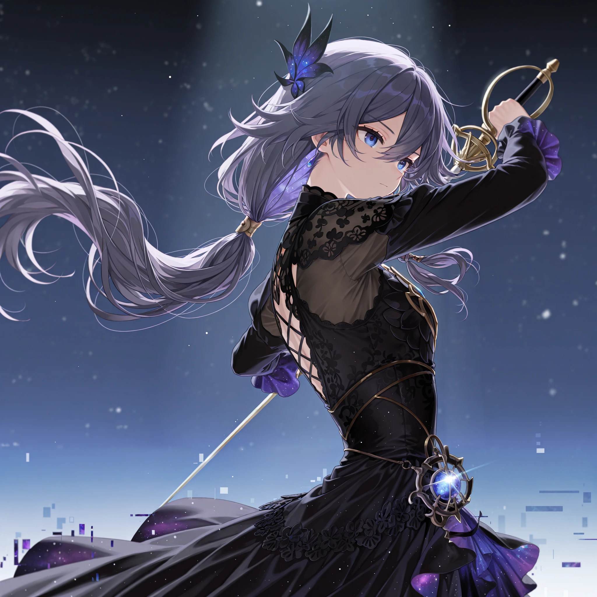 by [arknights|(748cmstyle:0.5)], god rays, cinematic shot, mature, young adult, masterpiece, best quality, amazing quality, very aesthetic, high resolution, ultra-detailed, absurdres, 1girl, solo, alone,(dynamic pose, upper body focus, action shot, side shot, three quarter view, close up shot:1.2), shadows, moonlight, blue filter, mystical background, (mafuyu:0.52), blue eyes, purple eyes ,(FuHua, Fol002, Fh_Phx:0.27), fu hua, loose long ponytail, (purple hair:1.3), blue inner hair, dress, black dress with purple accents, warmage, mage armor, mage costume, lace dress, (lace hanfu:0.565), cosmic magic, rapier, glitch art photo, BREAK, depth of field, volumetric lighting 