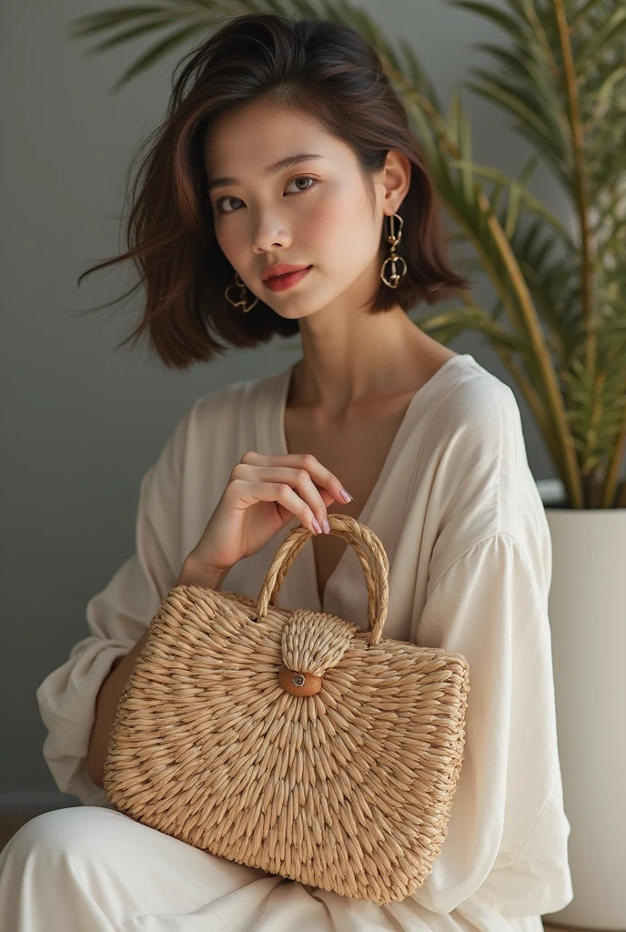 A woman holds a basket high in front of her face and kisses the scent of the basket, Product introduction photos, Product introduction photoss, product photo,Side View, Profile,Designed for comfort and aesthetics!, detailed picture, Handsome, Weaving, View from below, product design shot, Innovative product concept, Home, Made of high-tech materials, Official product images, Mixed Art