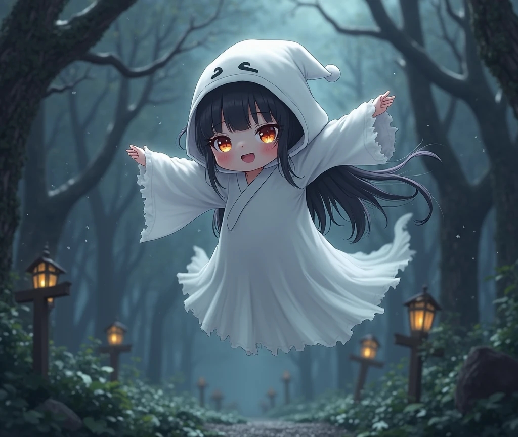 masterpiece,best quality,haunted theme park,haunted by chibi ghosts,cute,whimsical,glow,glowing,fun,silly,mystical,light particles,flame,<lora:GhostCostumeV1:0.8>,ghost costume,hood,open mouth,fang out,claw pose,blush,<lora:MengX girl_Mix_V40:0.8>,