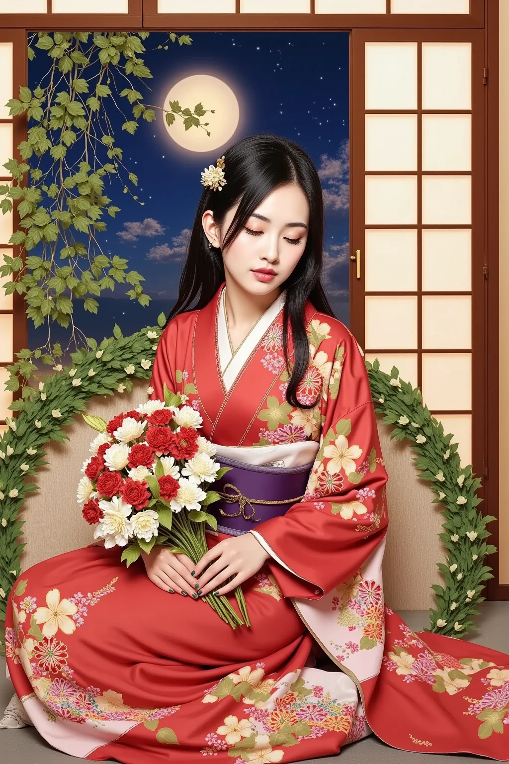 Woman in Kimono Holding a Stunning Bouquet of Roses and Lilies、Red and white colors、Comfortable rooms、A leaf made of green leaves、large open window、Moon and Stars、Evening、Comfortable Vibes、vivid colors、complicated details、best quality、high image quality、greatest masterpiece、high definition、8k