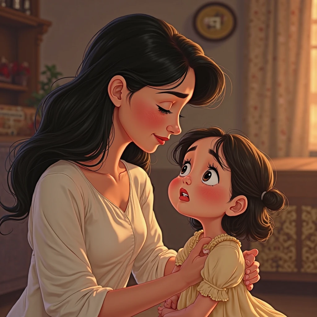 18 year old girl, huge black hair, eyes black, beautiful like Gal Gadot, holding a baby in her arms and crying 