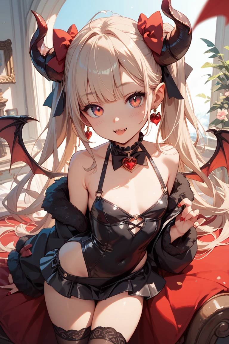 His chest was covered in blood、Anime girl with blood dripping from her chest, gapmoe Yandere grimdark, Devil anime girl, Shatia Bradfren, Bad guy anime 8k, Yandere intricate, portrait gapmoe Yandere grimdark, Vampire Girl, bloody + Concept Art, Yandere, Anime style 4k, Open mouth and bite,Blood at the corner of mouth,Small tiger teeth,Devil Wings, Gothic girl anime long skirt,Red Moon,castle