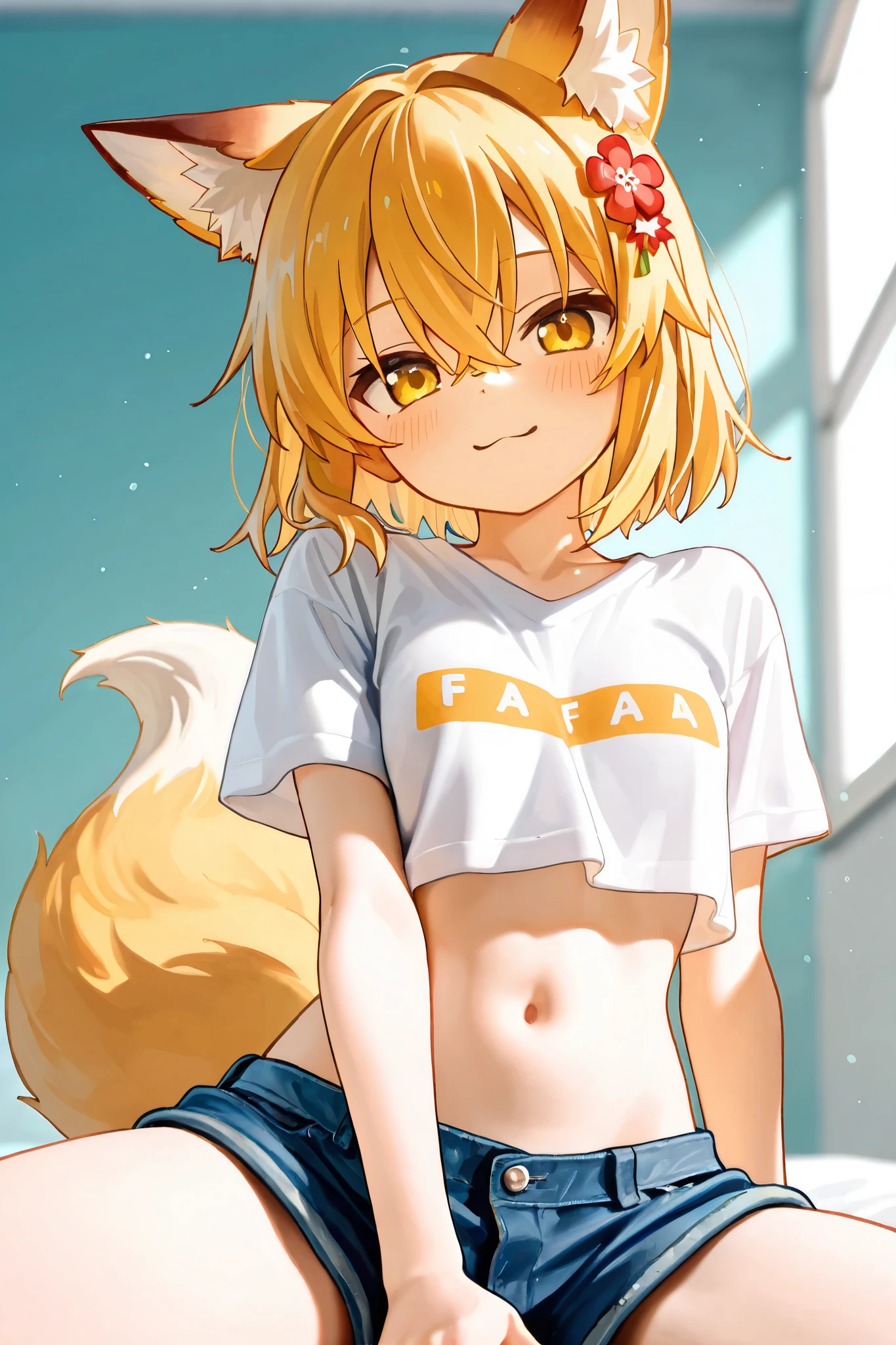 NSFW,masterpiece,best quality,high resolution,very detailed,Fairy Fox\(世話やきキツネのFairy Foxさん\),short hair,bungs、golden hair、hair ornament、 Beast Ears、hair between eyes、yellow eyes、flower、髪のflower、 Beast Earsの綿毛、fox ears、赤いflower、Fox Girl, crop top shirt ,denim shorts,Around town