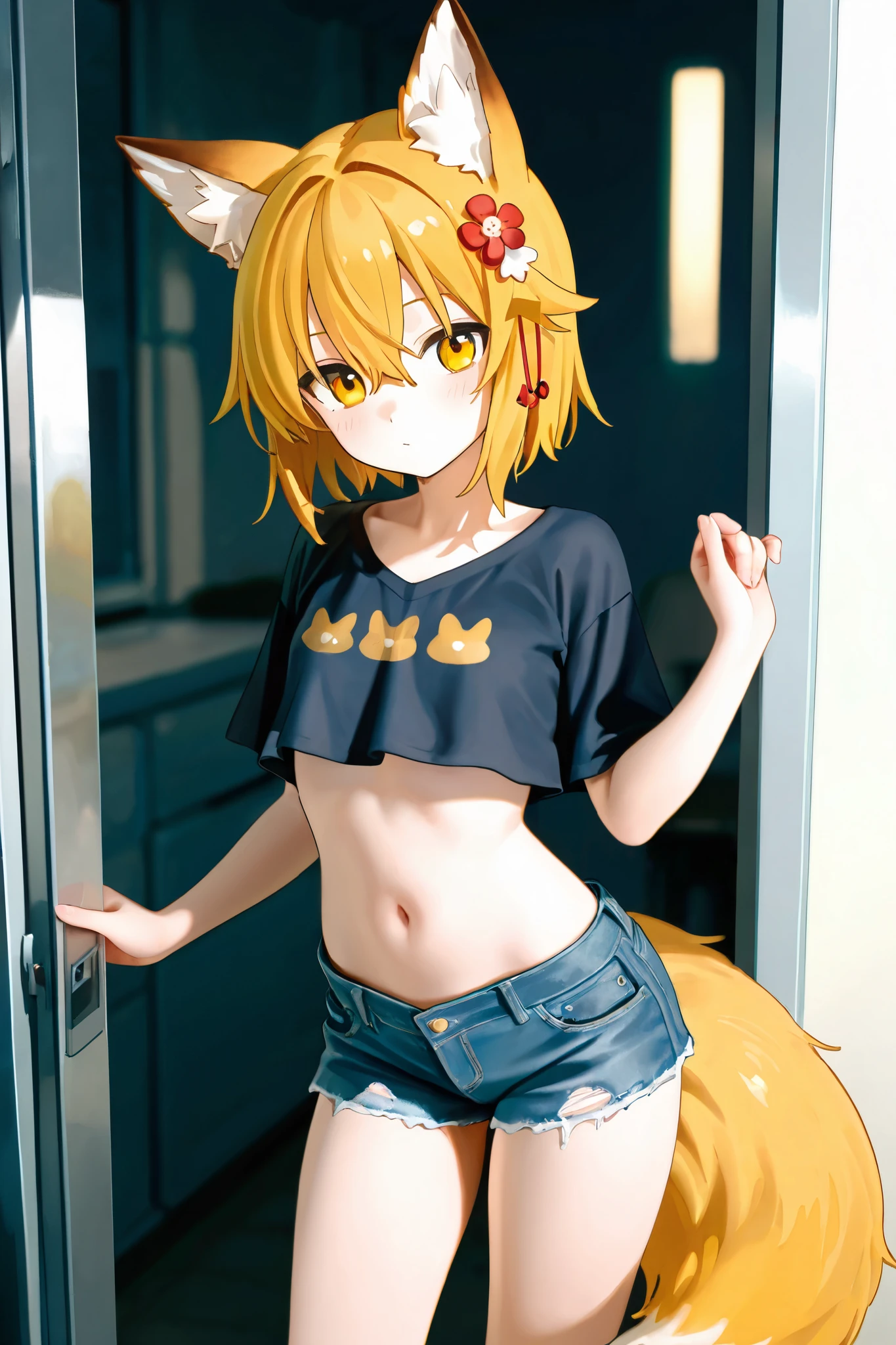 NSFW,masterpiece,best quality,high resolution,very detailed,Fairy Fox\(世話やきキツネのFairy Foxさん\),short hair,bungs、golden hair、hair ornament、 Beast Ears、hair between eyes、yellow eyes、flower、髪のflower、 Beast Earsの綿毛、fox ears、赤いflower、Fox Girl, crop top shirt ,denim shorts,Around town