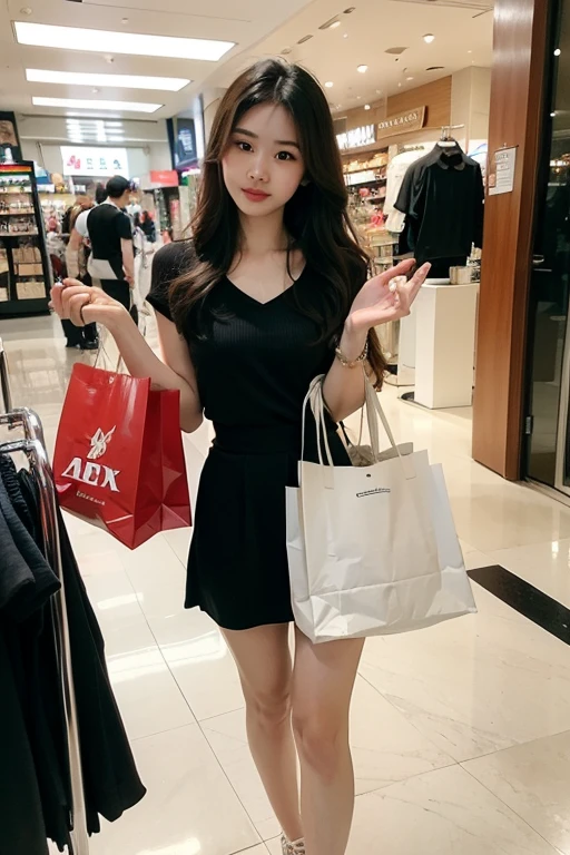 fully body photo，(fully body photo，k hd，tmasterpiece，Textured skin, Super detail, High details)，A tall man，being thin，small heads，long leges，Thin waist，smallunderboob，Supermarket，shelves，The girl is taller than the shelf，Girls are as tall as the ceiling，beautiful  face，white dresses，short  skirt，Mary Jane shoes，high-heels，Super tall girl
