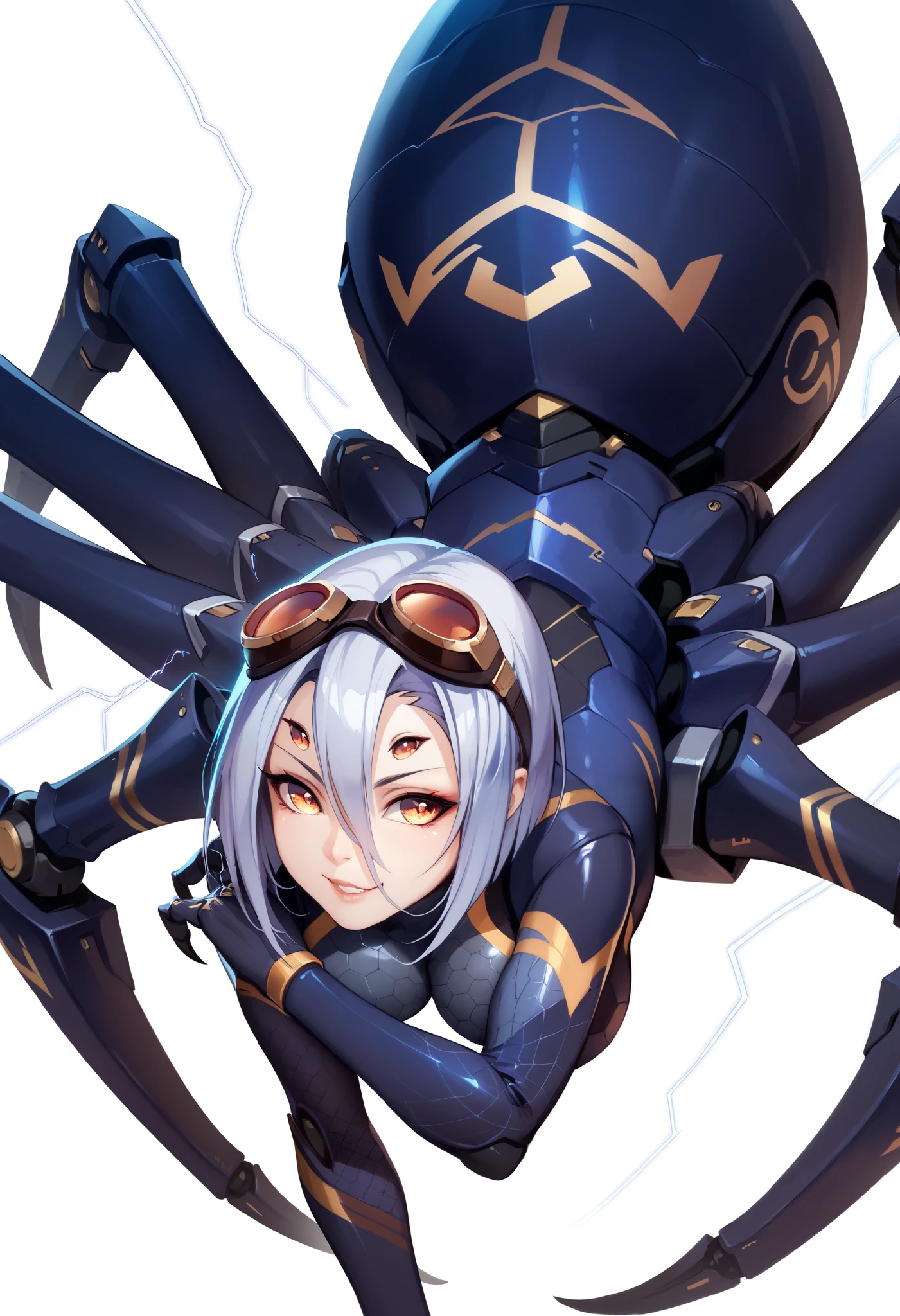 Arachne style girl. Cyber style. Honeycomb pattern bodysuit. Lightning. Mechanical spider legs. Turret. Sharp claws. Mechanical head accessory. Compound eyes. Goggles. White background.