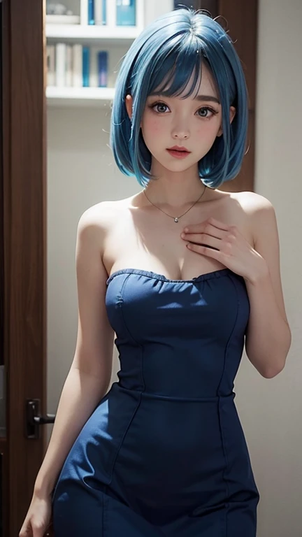 ((Best quality, 8k, Masterpiece :1.3)), Full body, Sharp focus :1.2, Beautiful woman with perfect figure :1.4, Slim stomach :1.2, ((cyan hair, Big breasts :1.2)), body dress : 1.1 , (Night city view, Bedroom :1.1), Highly detailed facial and skin textures, Detailed eyes, Double eyelids, big breasts, Dress, Clean clothes, cyan dress, exposed cleavage, (Short Black pantyhose), Scene Interior, Office, oppai, sweet smile, dress, beautiful poses