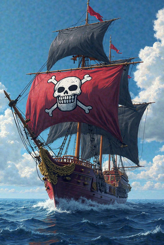 Pirate Galleon,Dark wood with red accents,Red flag with a red skull with black horns,Black sails,Stormy ocean background,Anime features inspired by One Piece,Drenched in dramatic and incredible lighting,Dramatic lighting,Infused with creative details,Ultra-fine 2D design,Scenary bathed in creativity,Breathed in creativity,Boasting HD anime resolution clarity,HD anime graphics,High-octane rendering"