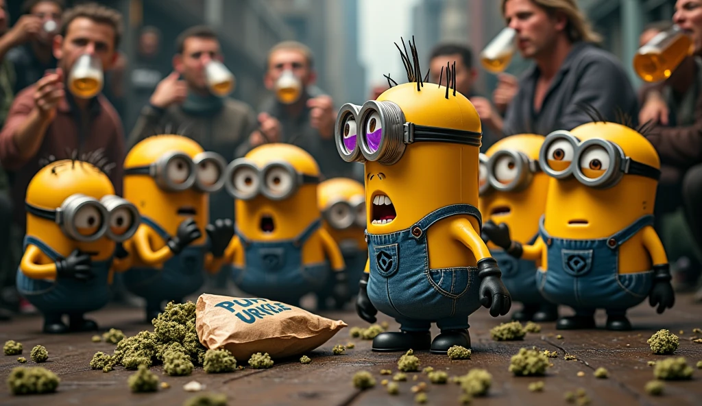 un minion complètement défoncé qui fume un joint dans un grand entrepot ou il y'a ecrit en gros sur un grand panneau lumineux Coffee Minion35 avec une feuille de weed et dans l'entrepot plein de minion qui transporte des caisses et des sac remplis de canabis avec des petits sachets de poudre blanche en cartoon