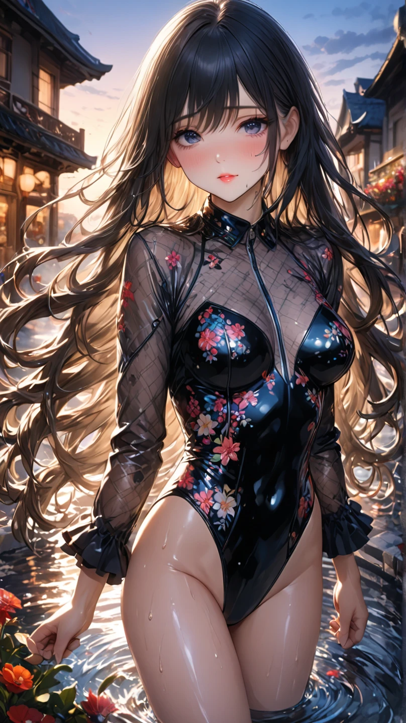 (1girl:1.3), Solo, __body-parts__, Official Art, Unity 8k Wallpaper, Ultra Detailed, Beautiful and Aesthetic, Masterpiece, Best Quality, RAW, Super Fine Photo, Best Quality, Ultra High Resolution, Photorealistic Photorealism, Sunlight, Full Body Portrait, Amazing Beauty, Delicate Face, Vibrant Eyes, (From the Front), Detailed Face, Gorgeous, Highly Detailed Skin, Realistic Skin Details, Visible Pores, Sharp Focus, Volume Fog, 8K uhd, DSLR, high quality, film grain, fair skin, photo realism, brunette hair, brunette hair, breasts, open eyes, split sleeves, tight, transparent, dress, pink, black privacy, jewelry, gold accessories, gorgeous accessories, complex, delicate lips, long hair, medium breasts, outdoors, closed lips, petals, peach blossoms, rabbit ears, standing, dynamic pose, upper body